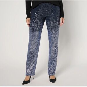 NEW Susan Graver Occasions Ombre Sequin Pull On Pants-Navy-Petite Medium-A672490